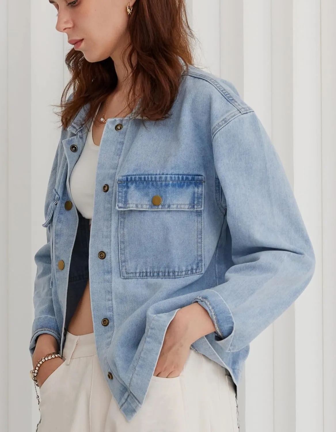 Kedera Women Button Down Jean Shirt Denim Jackets Fashion Oversized Western Work Jacket with Pockets