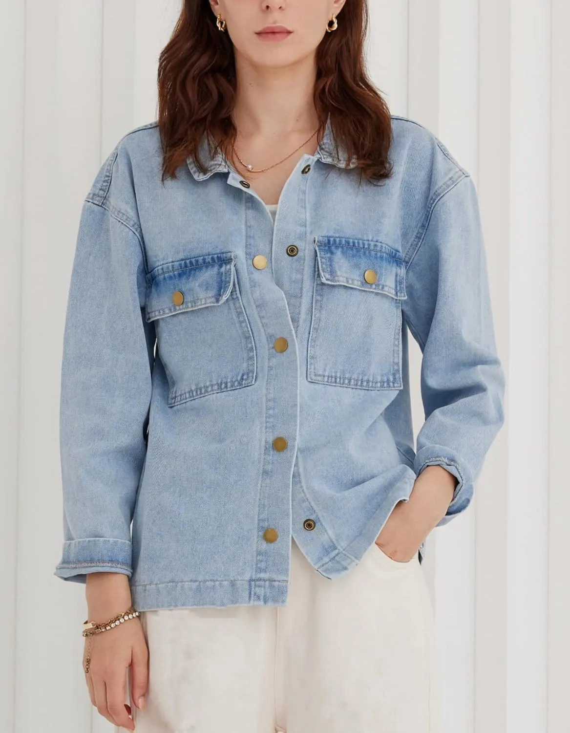 Kedera Women Button Down Jean Shirt Denim Jackets Fashion Oversized Western Work Jacket with Pockets