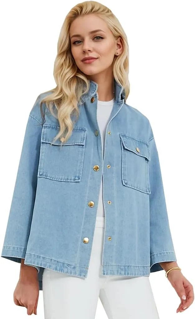 Kedera Women Button Down Jean Shirt Denim Jackets Fashion Oversized Western Work Jacket with Pockets