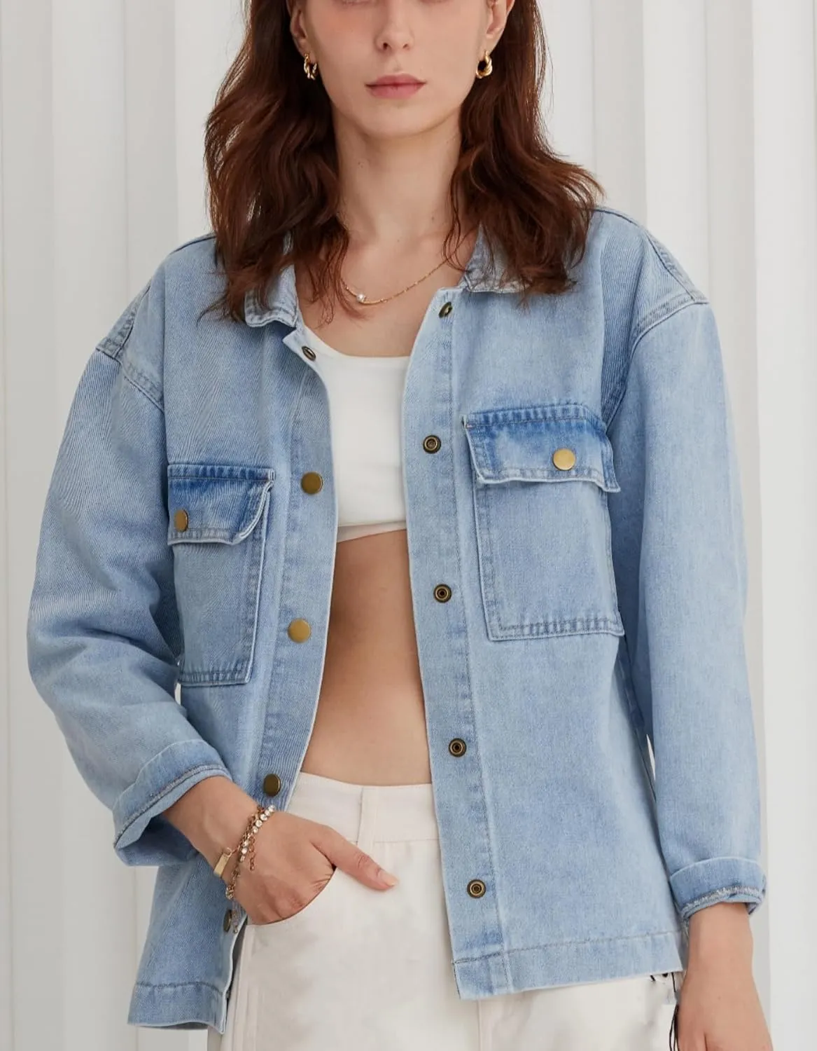 Kedera Women Button Down Jean Shirt Denim Jackets Fashion Oversized Western Work Jacket with Pockets