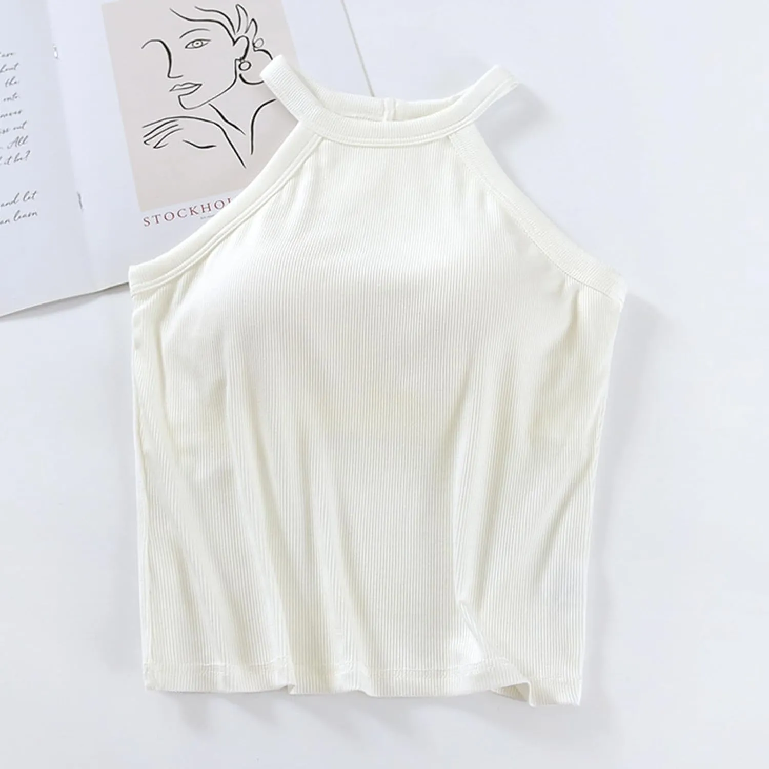 Lastesso Tank Tops with Built in Bras Sleeveless Racerback Casual Basic Ribbed Shirts High Neck Slim Fitted Crop Shirts