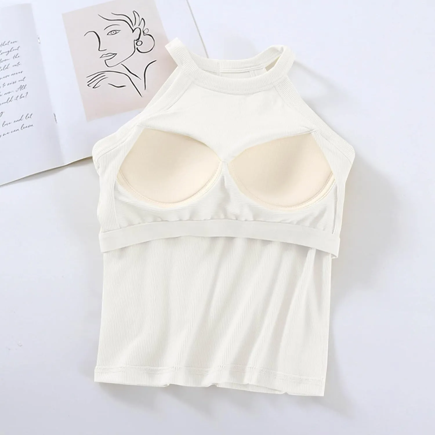 Lastesso Tank Tops with Built in Bras Sleeveless Racerback Casual Basic Ribbed Shirts High Neck Slim Fitted Crop Shirts
