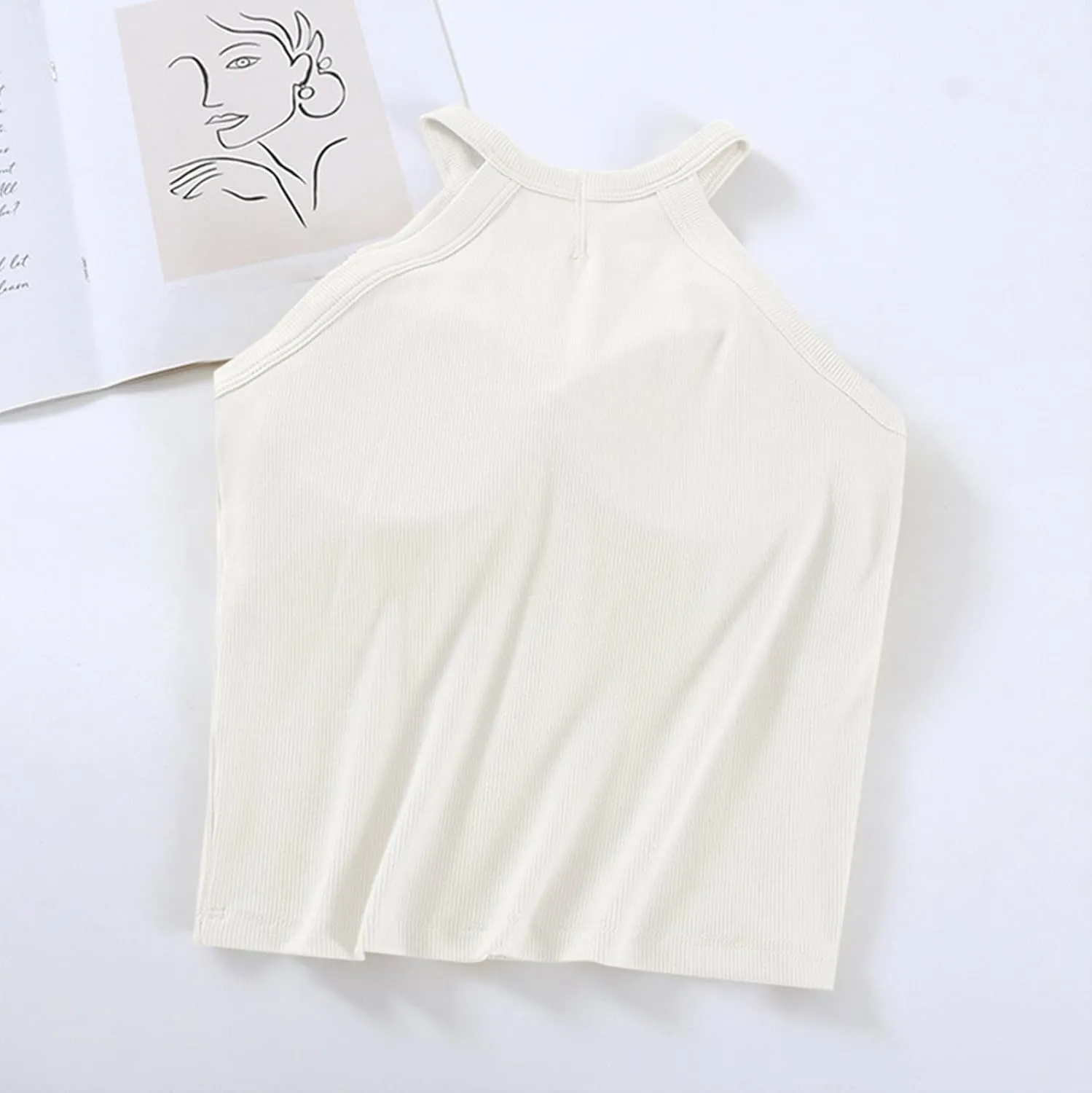 Lastesso Tank Tops with Built in Bras Sleeveless Racerback Casual Basic Ribbed Shirts High Neck Slim Fitted Crop Shirts