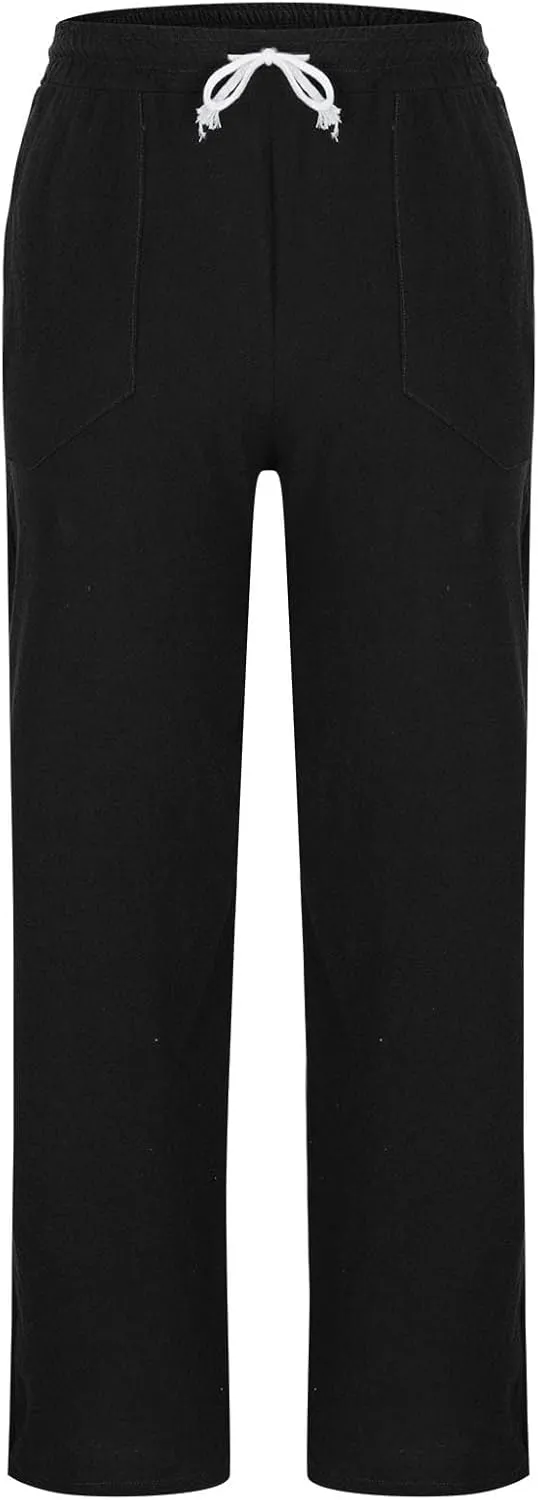 Linen Pants Men Casual Elastic Waist Drawstring Beach Summer Lightweight Breathable Trousers Straight Leg Summer