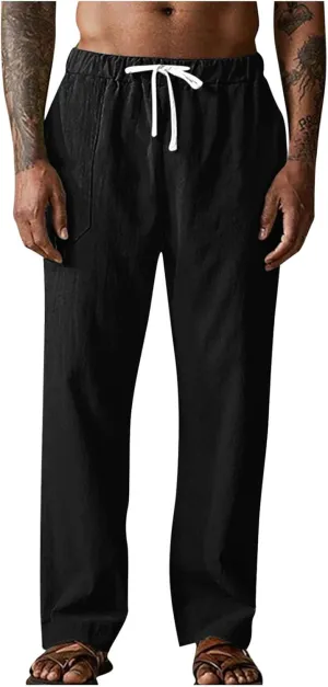 Linen Pants Men Casual Elastic Waist Drawstring Beach Summer Lightweight Breathable Trousers Straight Leg Summer