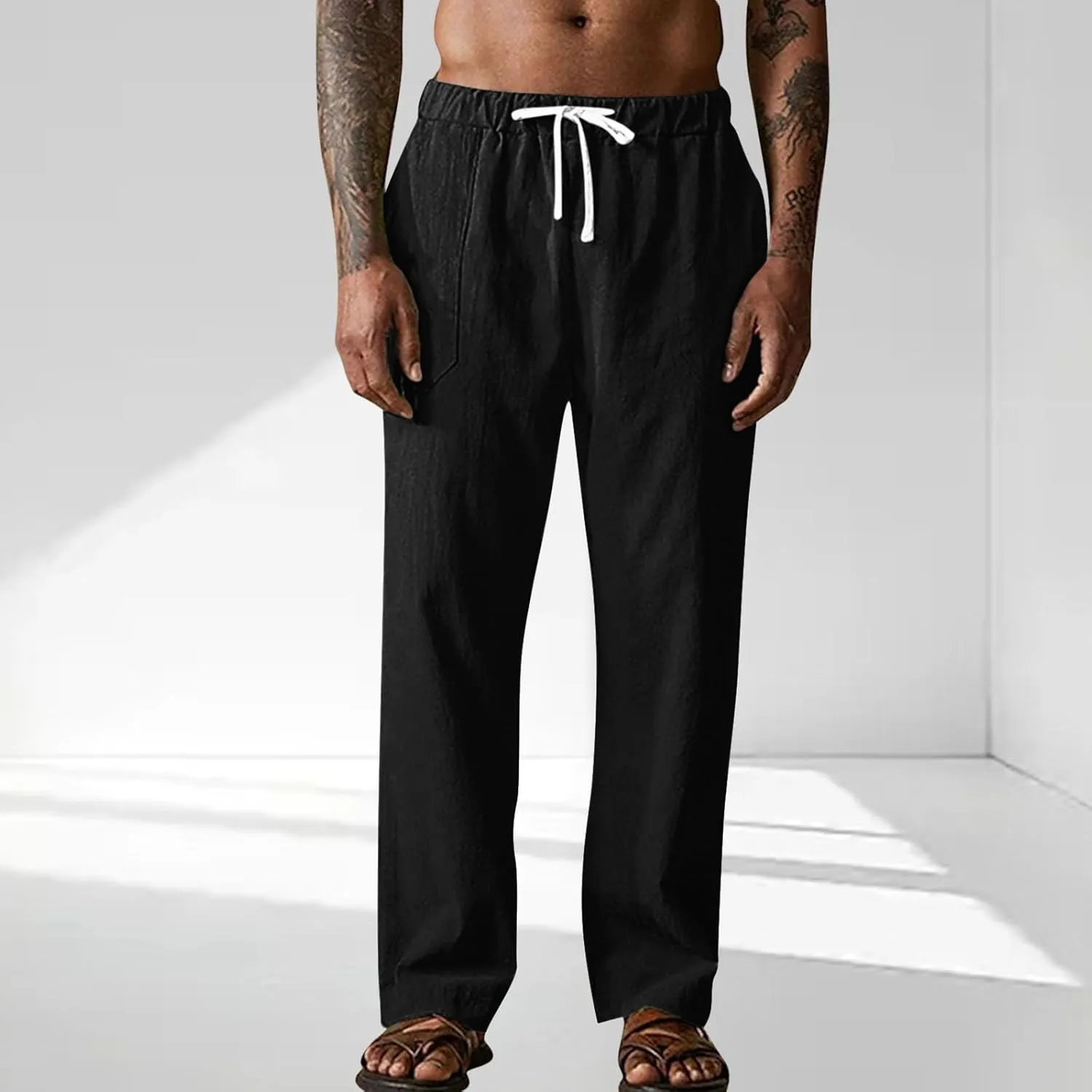 Linen Pants Men Casual Elastic Waist Drawstring Beach Summer Lightweight Breathable Trousers Straight Leg Summer