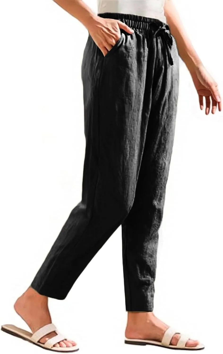Linen Wide Leg Pants for Women Drawstring Casual Pants Straight Leg Linen