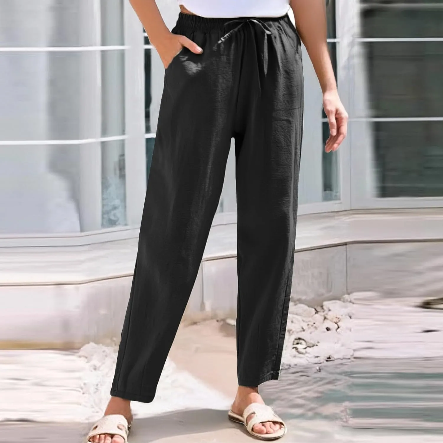 Linen Wide Leg Pants for Women Drawstring Casual Pants Straight Leg Linen