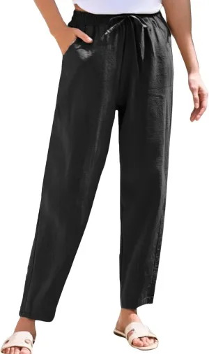 Linen Wide Leg Pants for Women Drawstring Casual Pants Straight Leg Linen