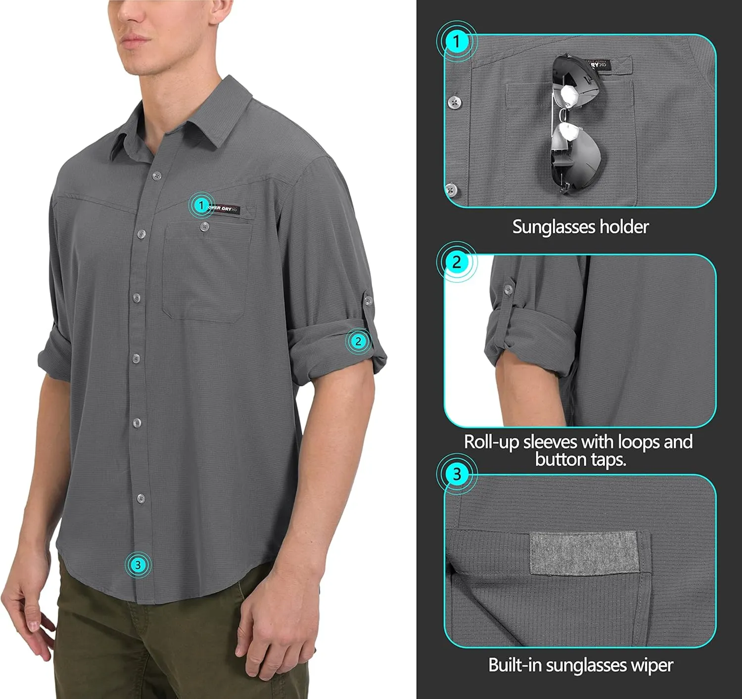 Little Donkey Andy Men's UPF 50 UV Protection Shirt, Breathable Long Sleeve Fishing Hiking Shirts, Quick Dry