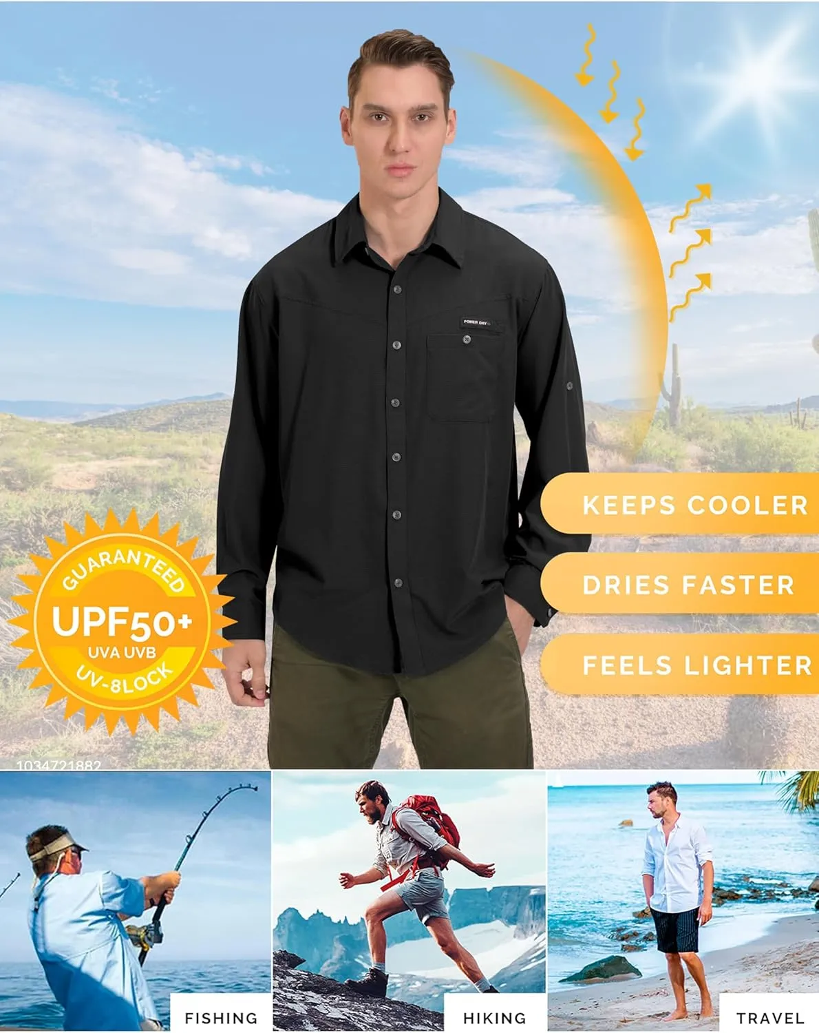 Little Donkey Andy Men's UPF 50 UV Protection Shirt, Breathable Long Sleeve Fishing Hiking Shirts, Quick Dry