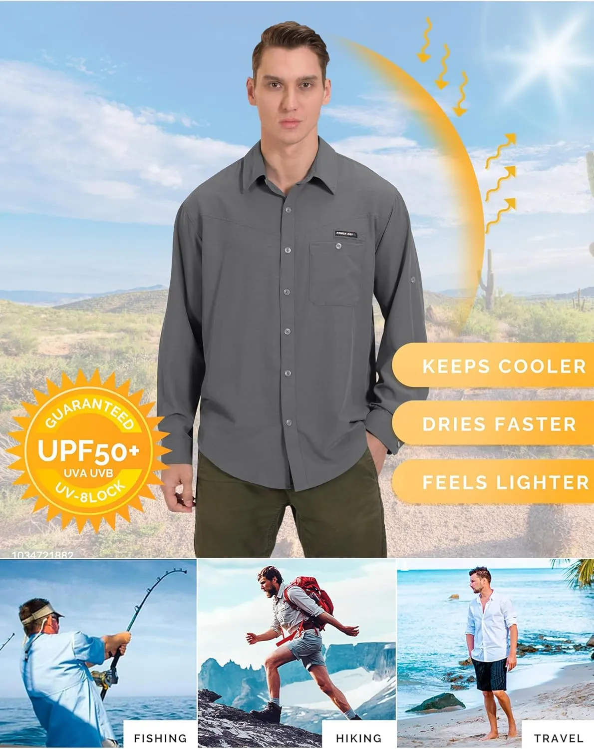 Little Donkey Andy Men's UPF 50 UV Protection Shirt, Breathable Long Sleeve Fishing Hiking Shirts, Quick Dry