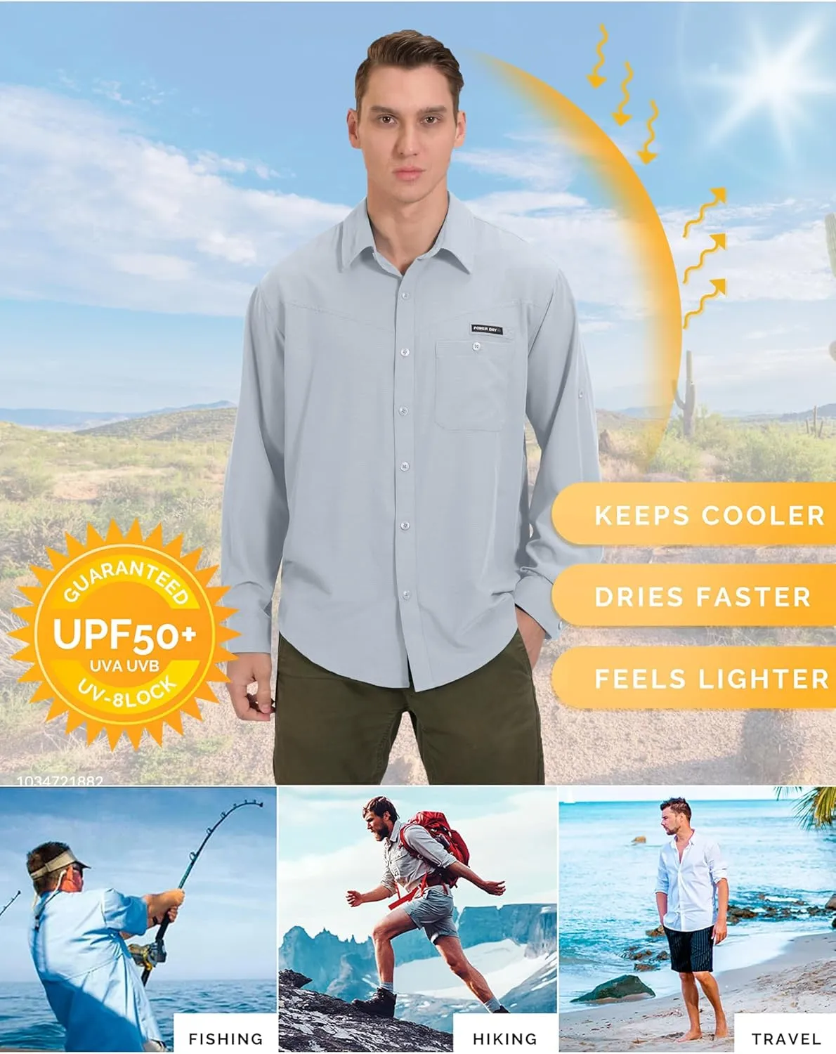 Little Donkey Andy Men's UPF 50 UV Protection Shirt, Breathable Long Sleeve Fishing Hiking Shirts, Quick Dry