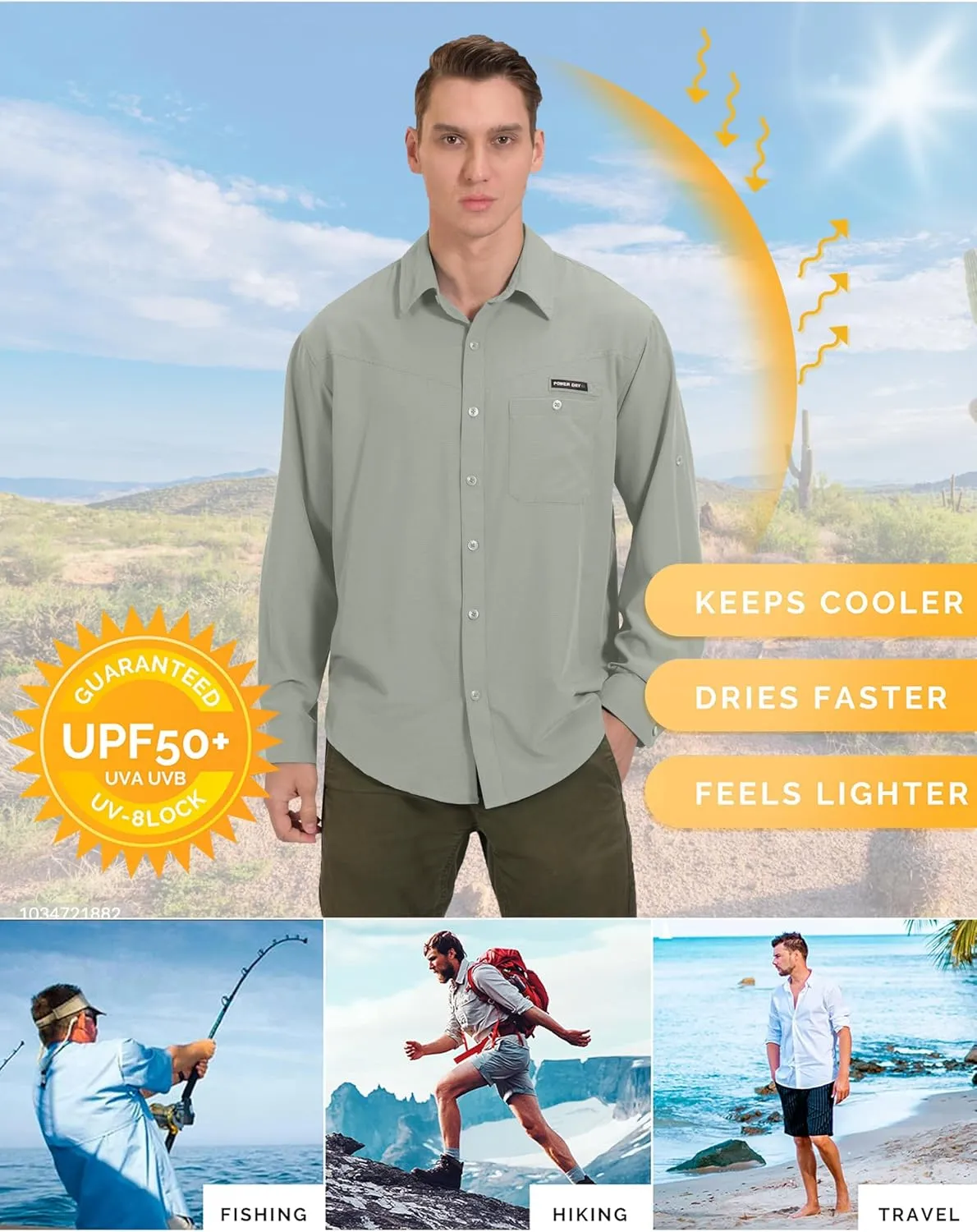 Little Donkey Andy Men's UPF 50 UV Protection Shirt, Breathable Long Sleeve Fishing Hiking Shirts, Quick Dry