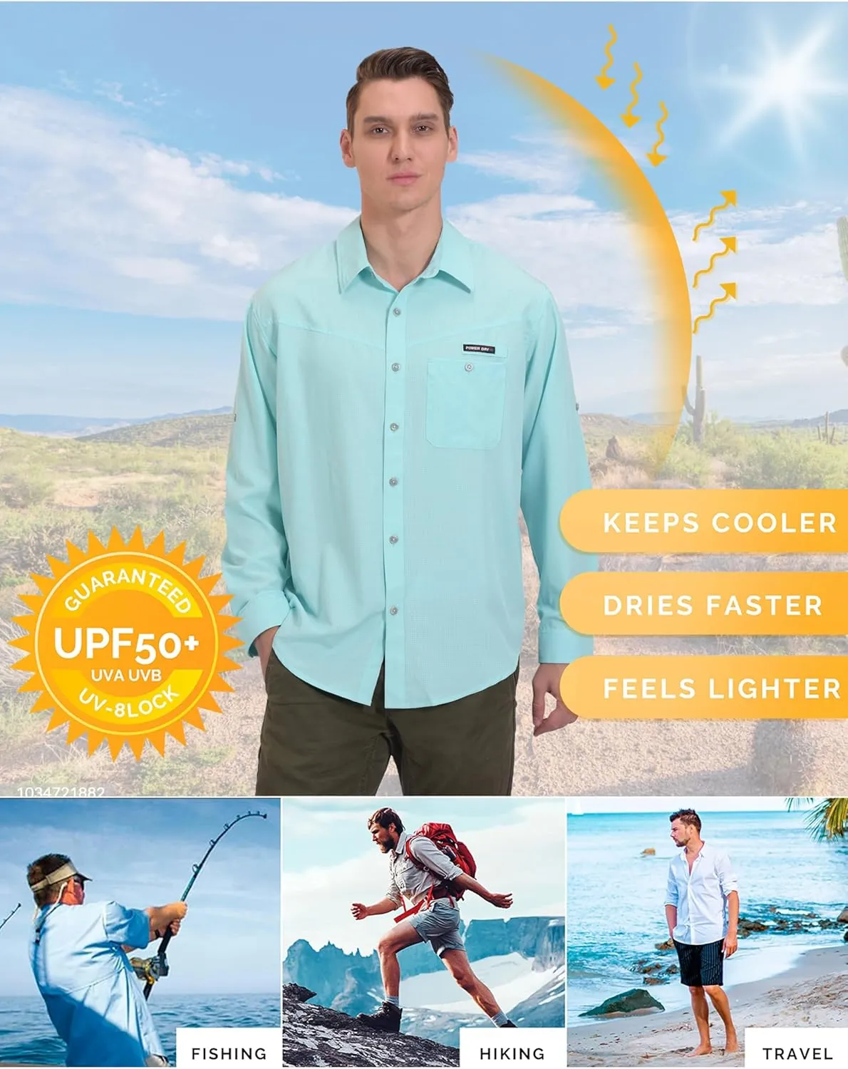 Little Donkey Andy Men's UPF 50 UV Protection Shirt, Breathable Long Sleeve Fishing Hiking Shirts, Quick Dry