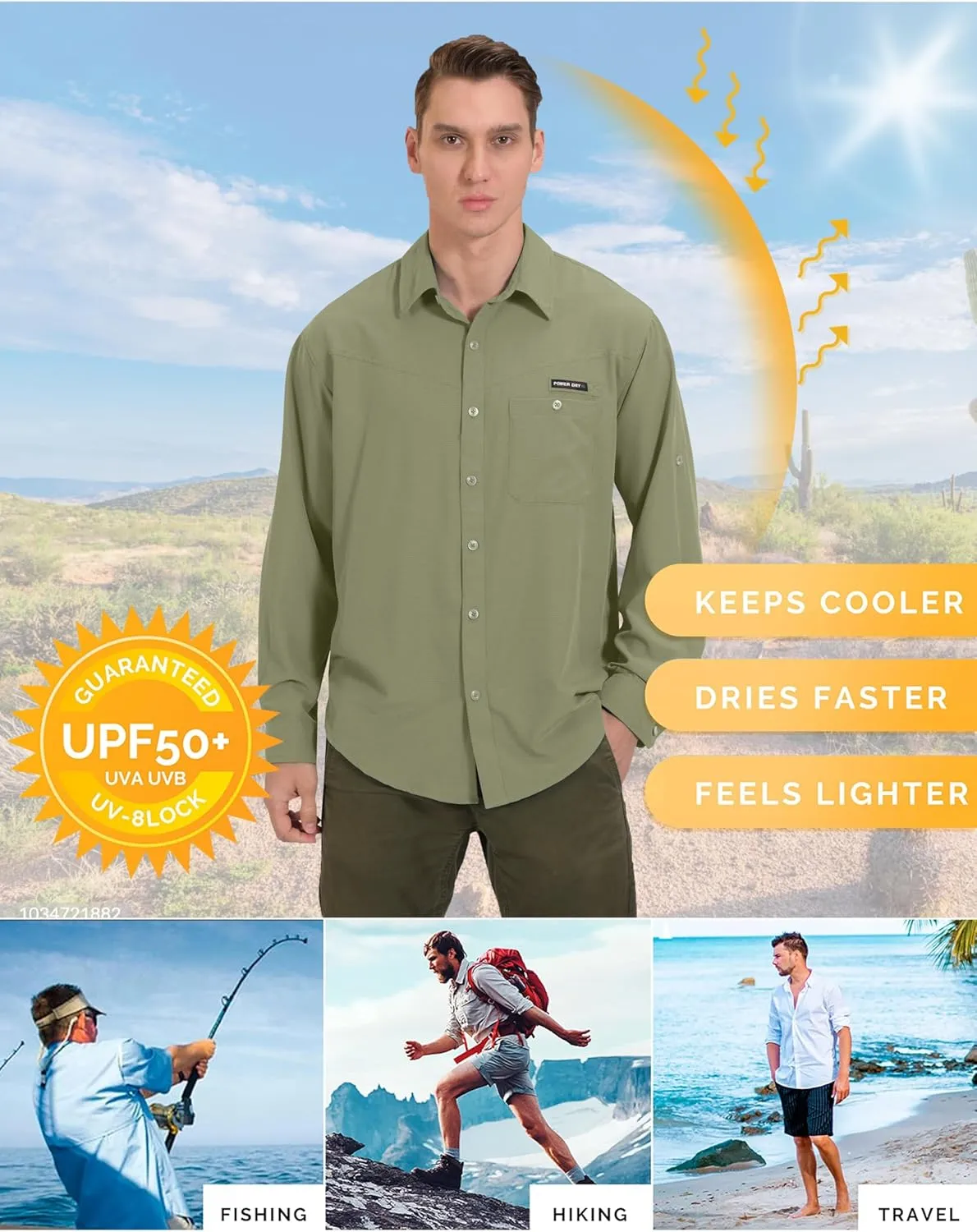 Little Donkey Andy Men's UPF 50 UV Protection Shirt, Breathable Long Sleeve Fishing Hiking Shirts, Quick Dry