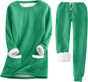 Lounge Sets for Women 2 Piece Fleece Lined Pajamas Winter Warm Long Sleeve Sweatshirts Matching Plush Pants Sweat Set