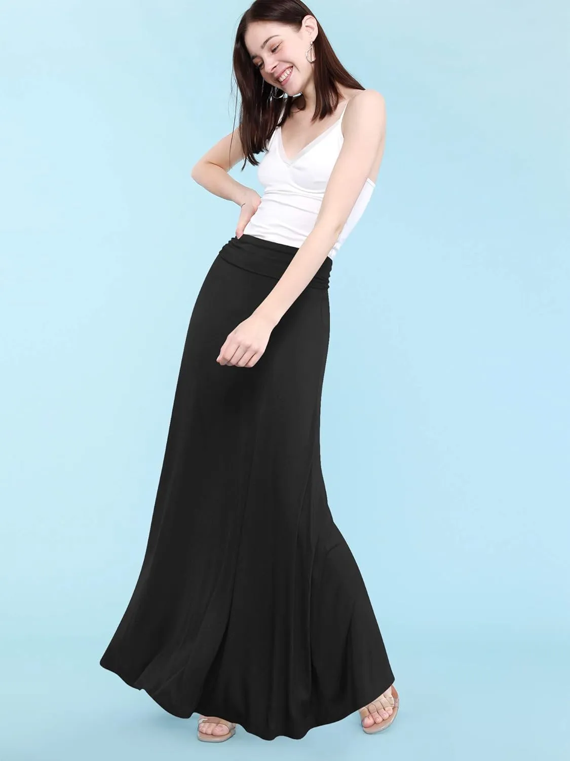 Made By Johnny Women's Solid Basic Lightweight Floor Length Flare Long Maxi Lounge Skirt (S~3XL)