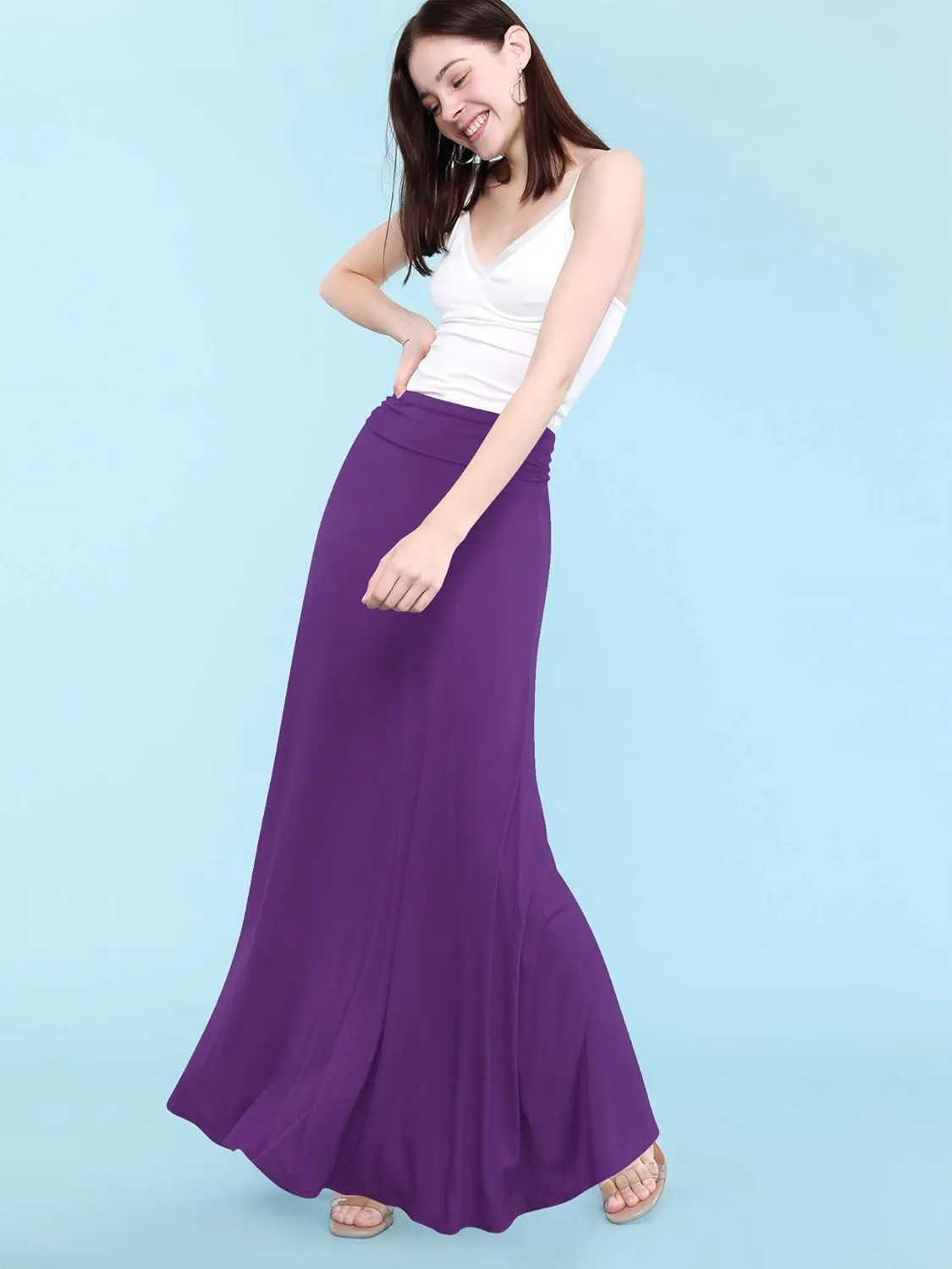 Made By Johnny Women's Solid Basic Lightweight Floor Length Flare Long Maxi Lounge Skirt (S~3XL)