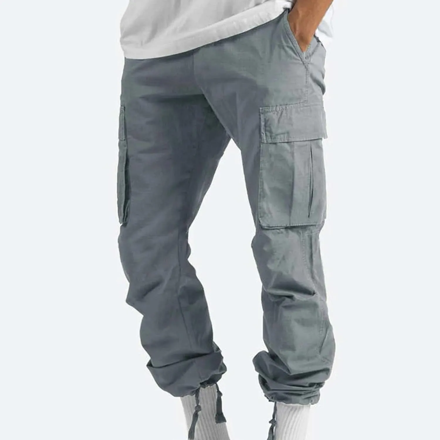 Maiyifu-GJ Men's Elastic Waist Cargo Pants Lightweight Multi-Pockets Hiking Long Trousers Casual Athletic Joggers Sweatpants