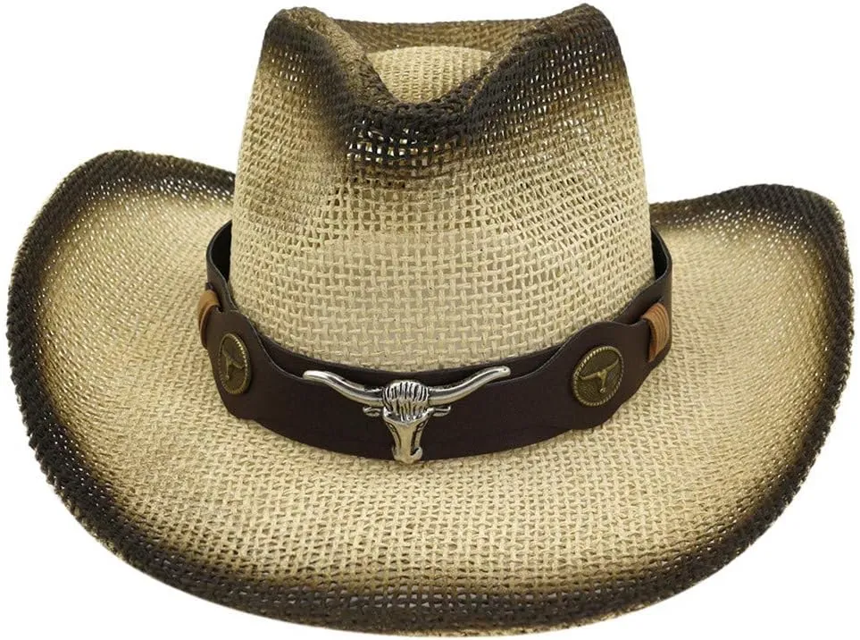 Men Women Retro Western Cowboy Riding Hat Leather Belt Wide Cap Hat Summer Fedoras Boater Hat Straw Panama Fedora Hat