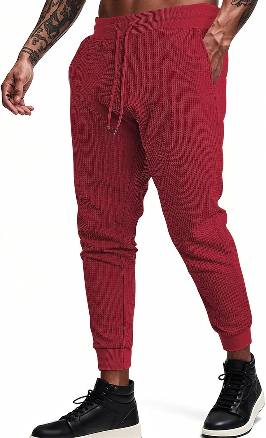 Mens Cargo Work Pants Waffle Drawstring Elastic Waist Casual Loose Relaxed Fit Breathable Stretch Hiking Sweatpants