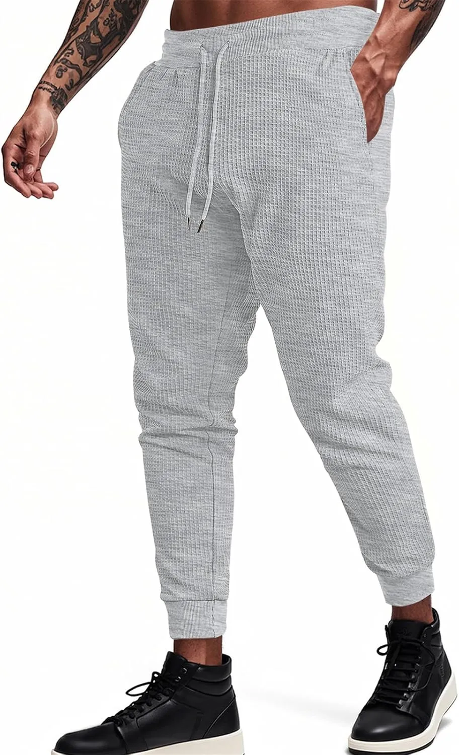 Mens Cargo Work Pants Waffle Drawstring Elastic Waist Casual Loose Relaxed Fit Breathable Stretch Hiking Sweatpants