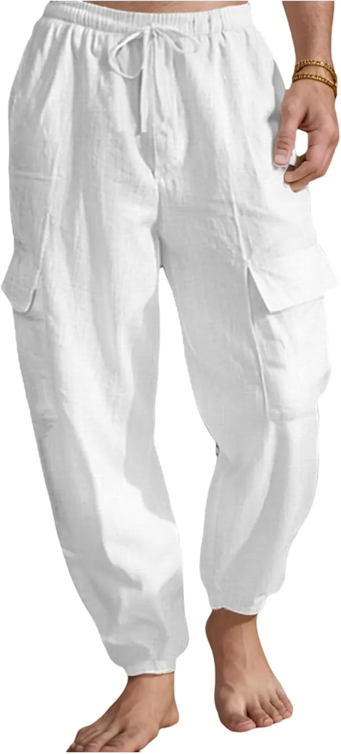 Mens Casual Cargo Pants Summer Elastic Waist Drawstring Pants Relaxed Fit Breathable Yoga Beach Trousers with Pockets