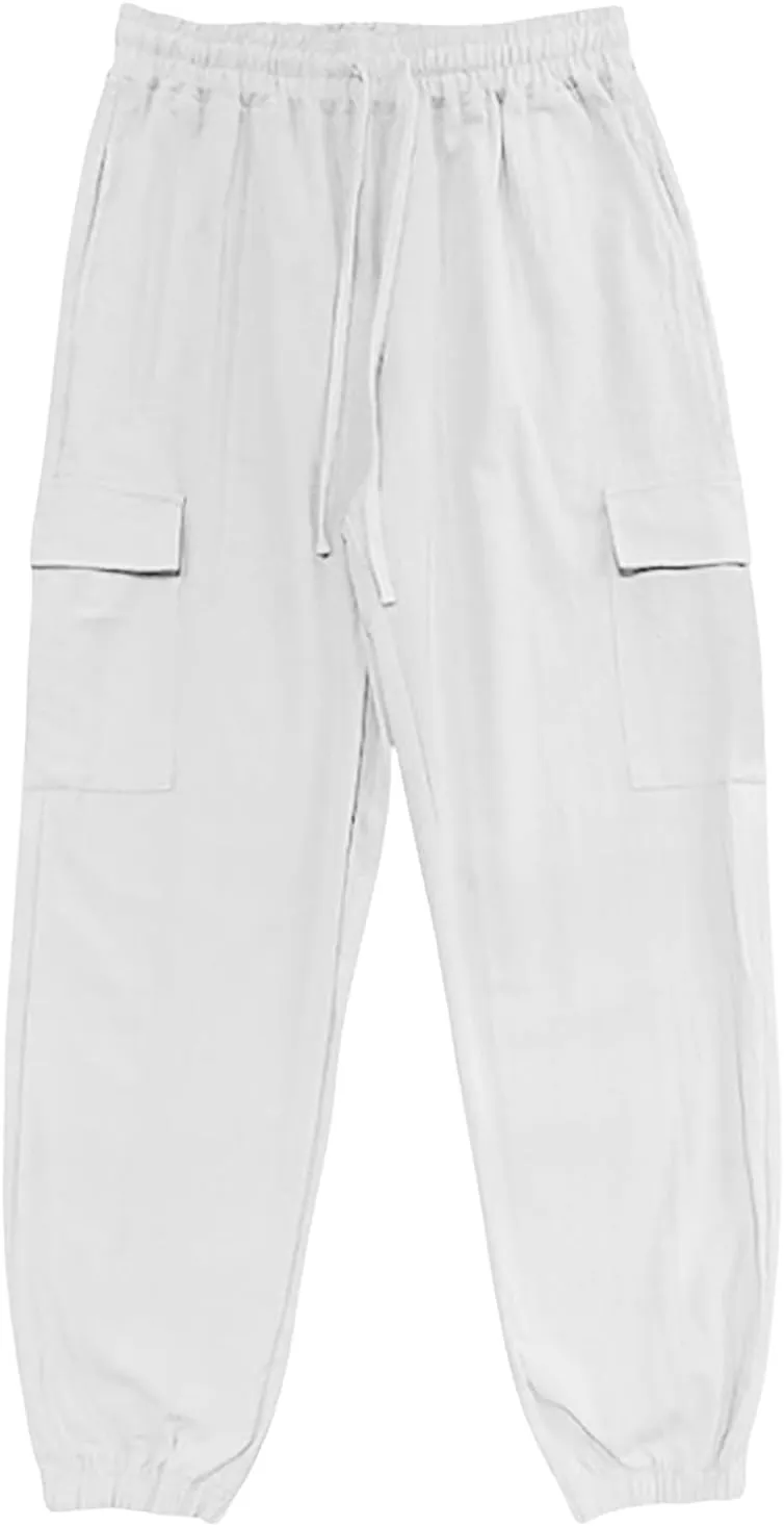 Mens Casual Cargo Pants Summer Elastic Waist Drawstring Pants Relaxed Fit Breathable Yoga Beach Trousers with Pockets