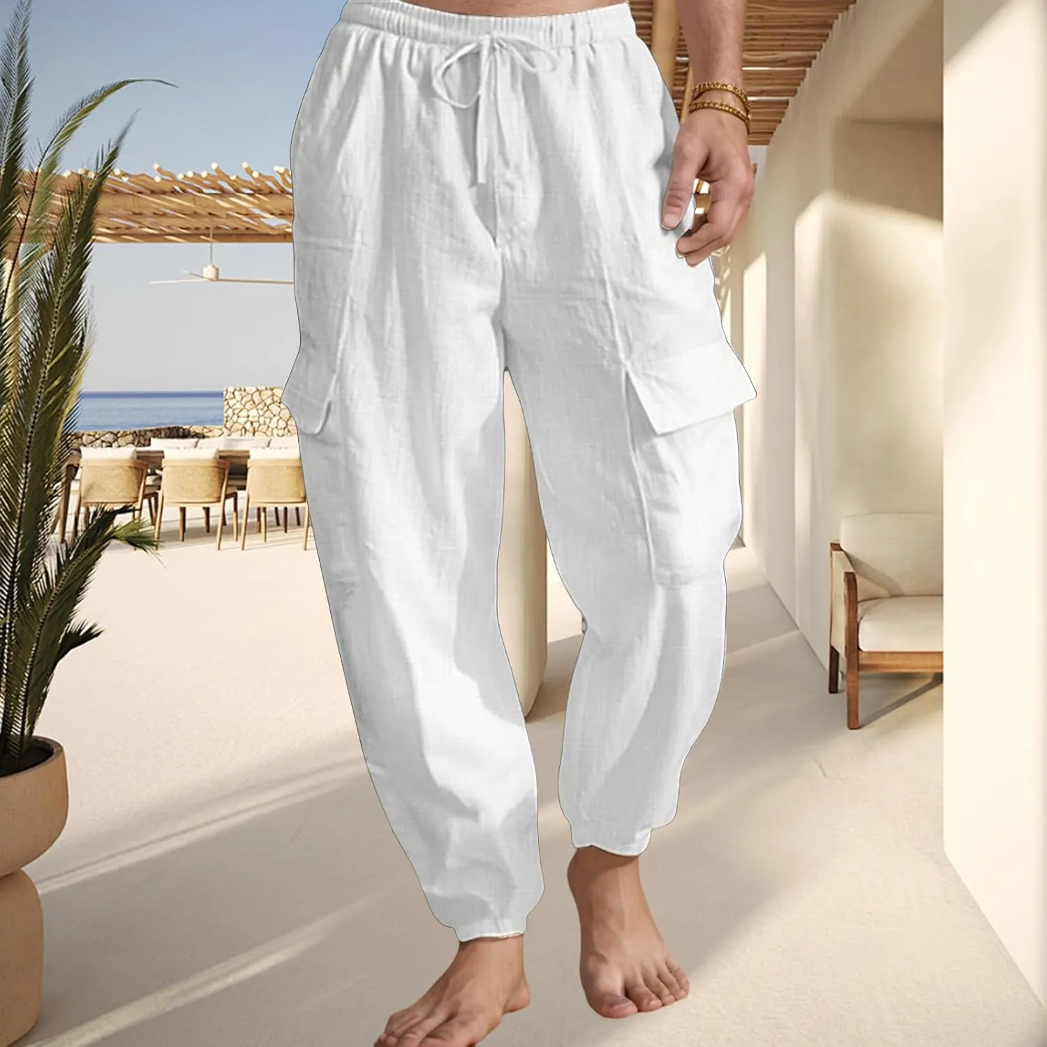 Mens Casual Cargo Pants Summer Elastic Waist Drawstring Pants Relaxed Fit Breathable Yoga Beach Trousers with Pockets