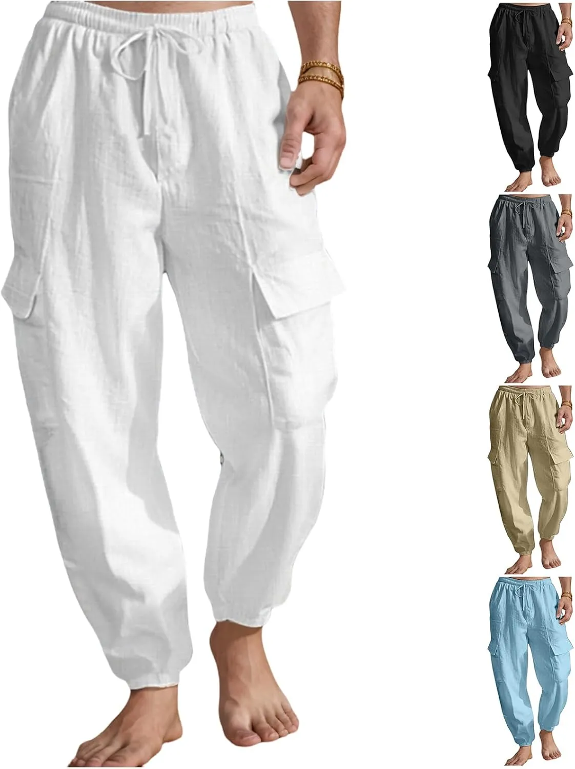Mens Casual Cargo Pants Summer Elastic Waist Drawstring Pants Relaxed Fit Breathable Yoga Beach Trousers with Pockets
