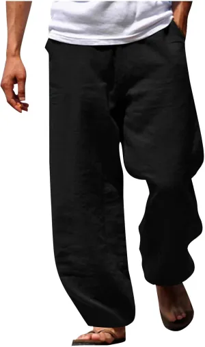 Men's Casual Cotton Linen Pants Loose Fit Elastic Waist Drawstring Lightweight Pant Summer Beach Breathable Trousers