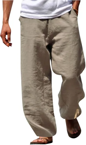 Men's Casual Cotton Linen Pants Loose Fit Elastic Waist Drawstring Lightweight Pant Summer Beach Breathable Trousers