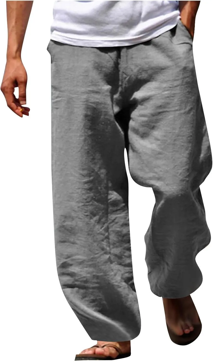 Men's Casual Cotton Linen Pants Loose Fit Elastic Waist Drawstring Lightweight Pant Summer Beach Breathable Trousers