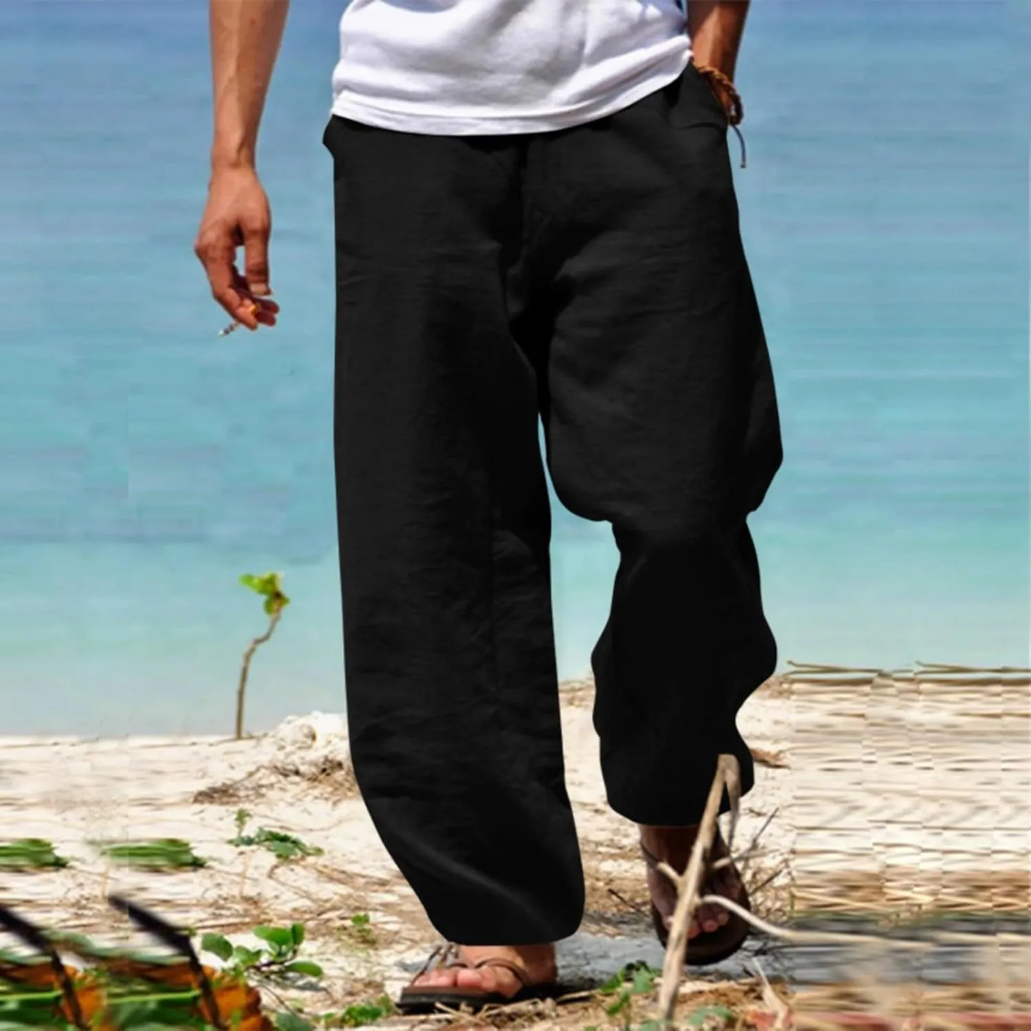 Men's Casual Cotton Linen Pants Loose Fit Elastic Waist Drawstring Lightweight Pant Summer Beach Breathable Trousers