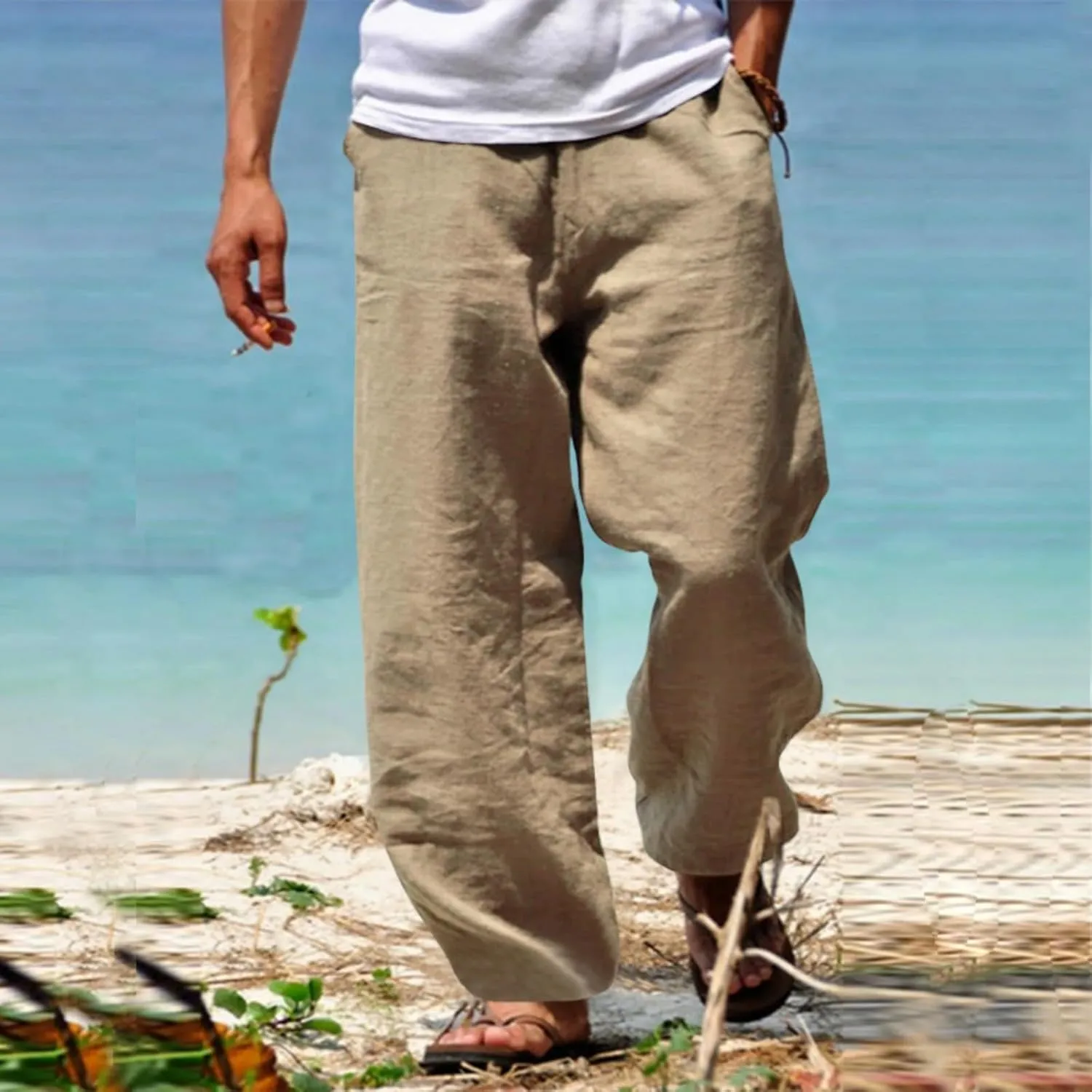 Men's Casual Cotton Linen Pants Loose Fit Elastic Waist Drawstring Lightweight Pant Summer Beach Breathable Trousers