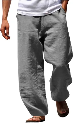 Men's Casual Cotton Linen Pants Loose Fit Elastic Waist Drawstring Lightweight Pant Summer Beach Breathable Trousers