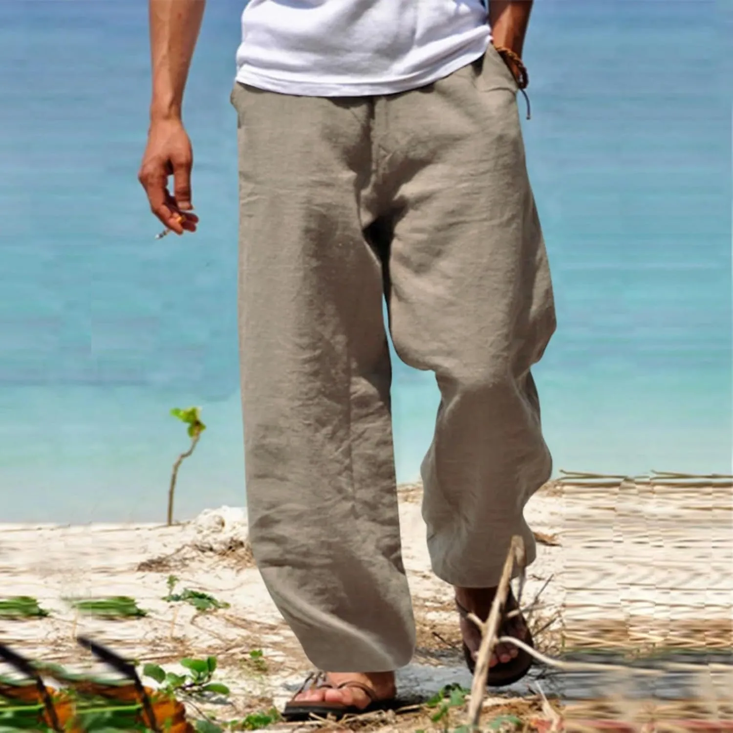 Men's Casual Cotton Linen Pants Loose Fit Elastic Waist Drawstring Lightweight Pant Summer Beach Breathable Trousers
