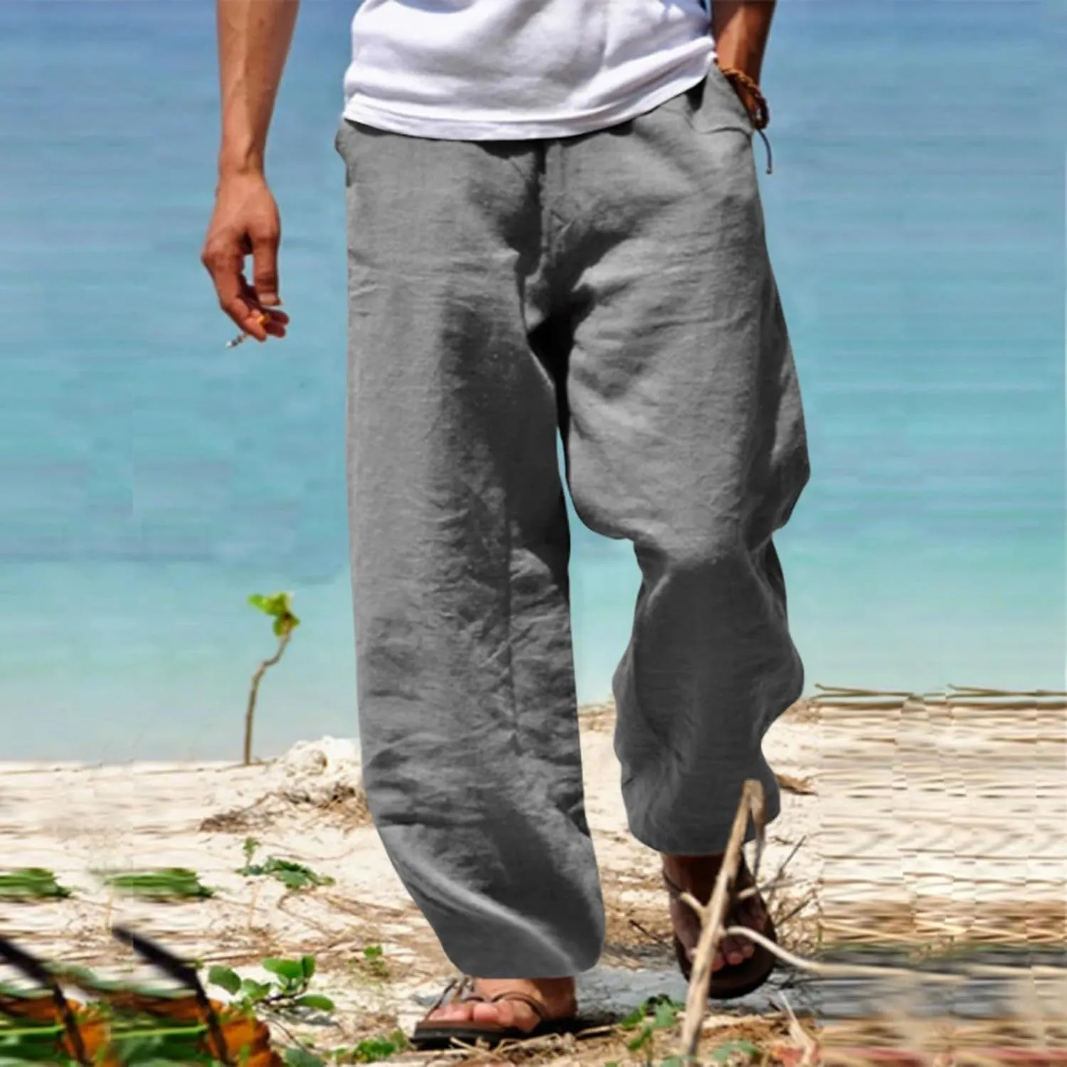 Men's Casual Cotton Linen Pants Loose Fit Elastic Waist Drawstring Lightweight Pant Summer Beach Breathable Trousers