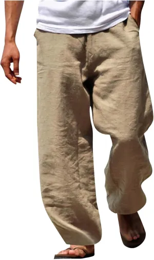 Men's Casual Cotton Linen Pants Loose Fit Elastic Waist Drawstring Lightweight Pant Summer Beach Breathable Trousers