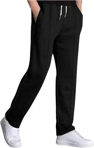 Mens Casual Knit Pants Elastic Drawstring Waist Solid Straight Leg Pant Relaxed Fit Comfy Lounge Trousers with Pocket