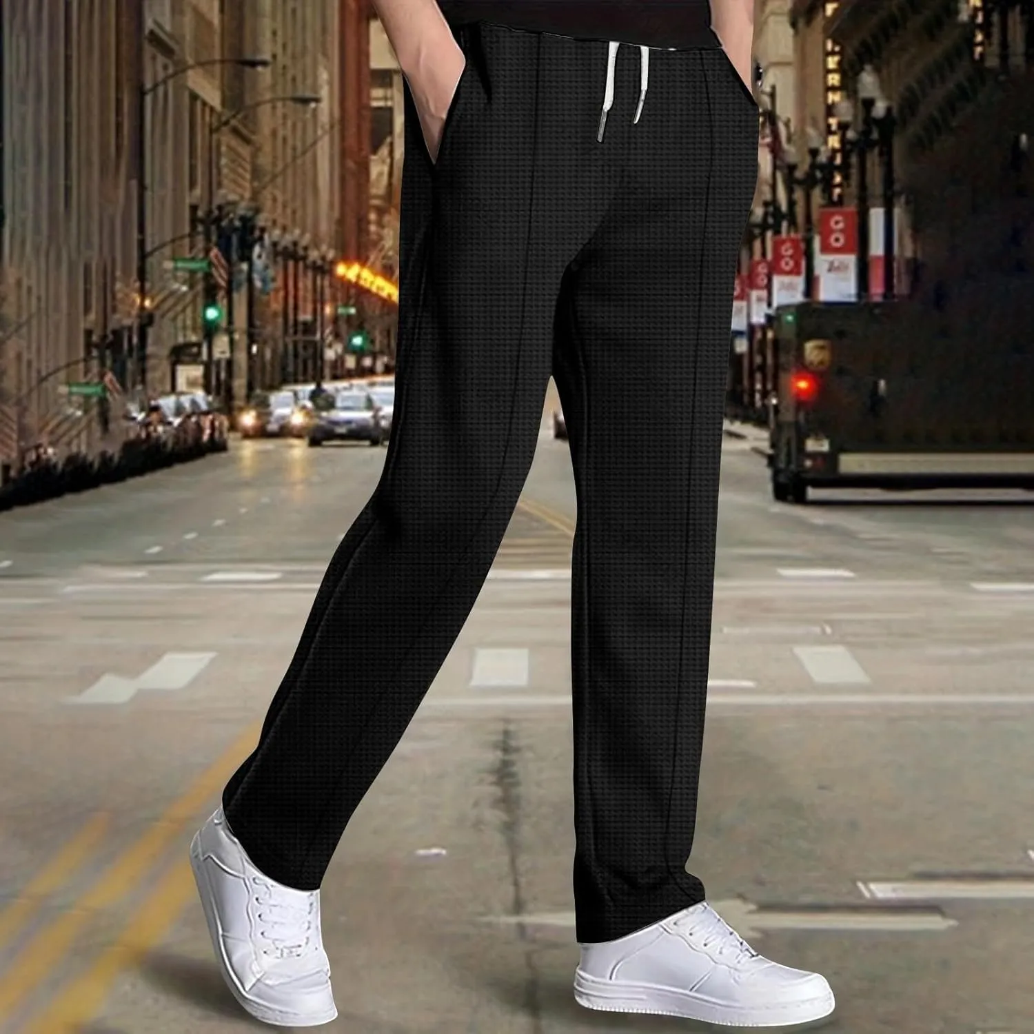 Mens Casual Knit Pants Elastic Drawstring Waist Solid Straight Leg Pant Relaxed Fit Comfy Lounge Trousers with Pocket