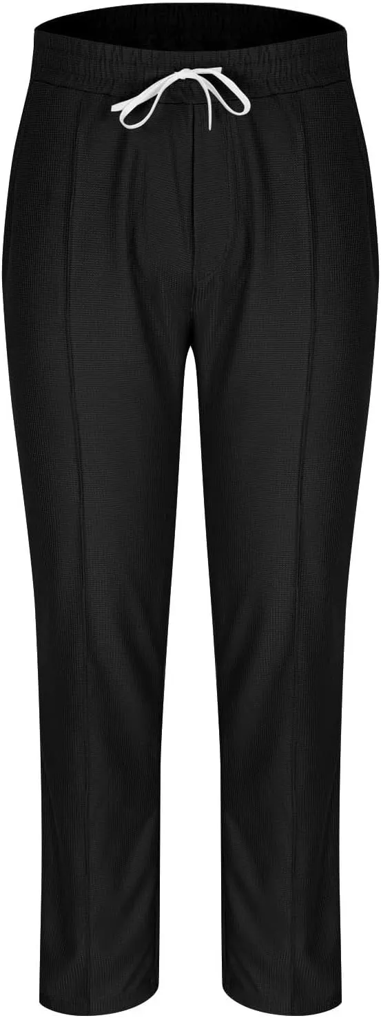 Mens Casual Knit Pants Elastic Drawstring Waist Solid Straight Leg Pant Relaxed Fit Comfy Lounge Trousers with Pocket