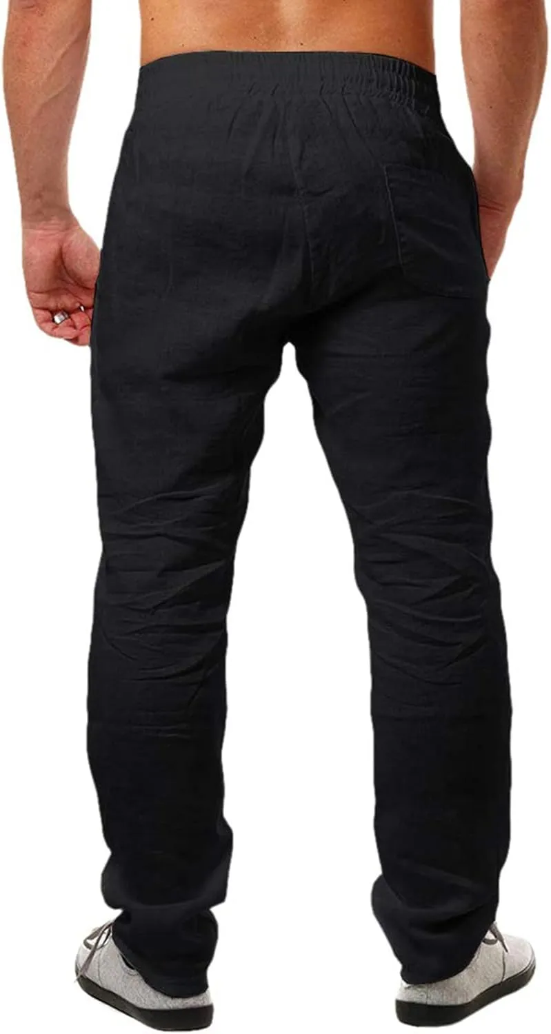 Mens Casual Linen Pants Elastic Drawstring Waist Lightweight Sweatpants Loose Fit Breathable Beach Trousers