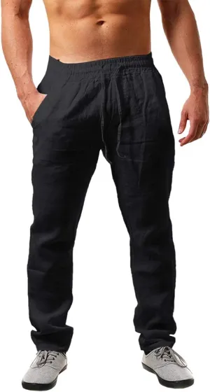 Mens Casual Linen Pants Elastic Drawstring Waist Lightweight Sweatpants Loose Fit Breathable Beach Trousers