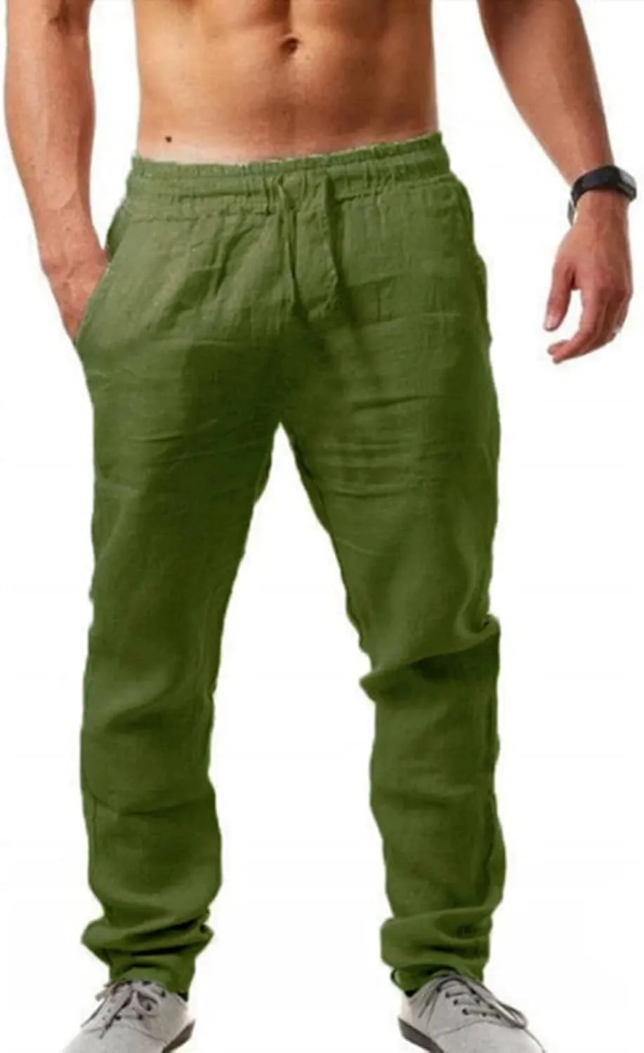 Mens Casual Linen Pants Elastic Drawstring Waist Lightweight Sweatpants Loose Fit Breathable Beach Trousers