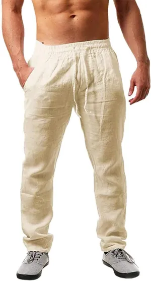 Mens Casual Linen Pants Elastic Drawstring Waist Lightweight Sweatpants Loose Fit Breathable Beach Trousers