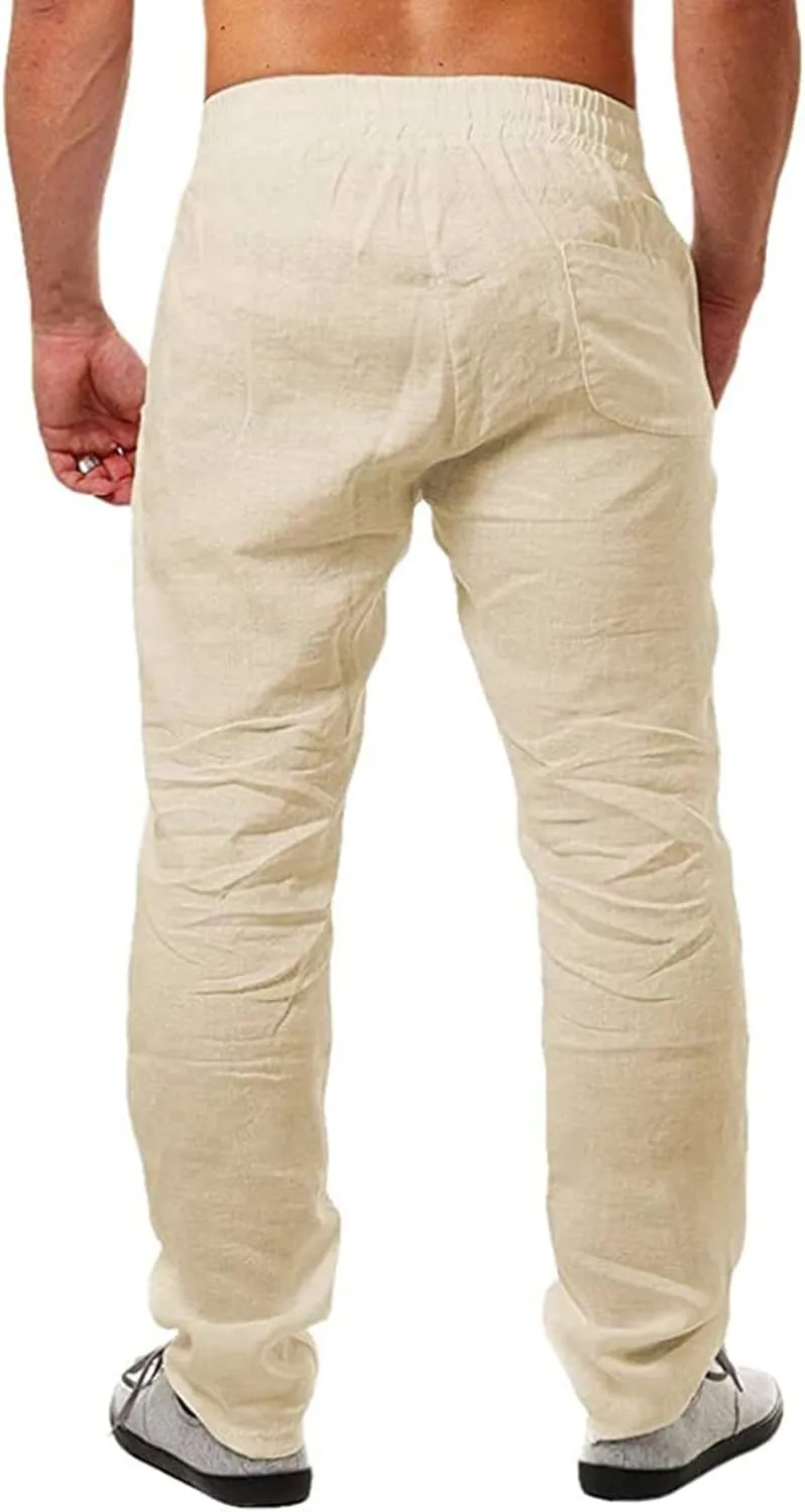 Mens Casual Linen Pants Elastic Drawstring Waist Lightweight Sweatpants Loose Fit Breathable Beach Trousers