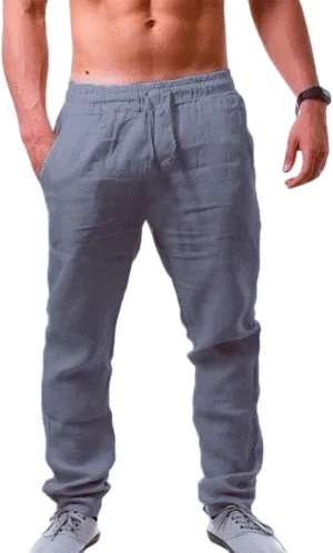 Mens Casual Linen Pants Elastic Drawstring Waist Lightweight Sweatpants Loose Fit Breathable Beach Trousers