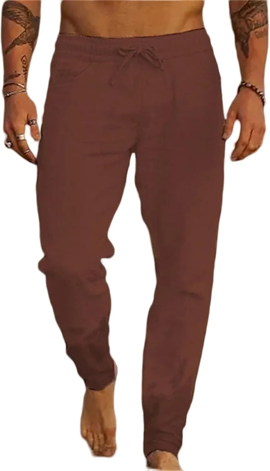 Men's Casual Linen Pants Elastic Waist Drawstring Yoga Beach Pant Breathable Trousers Sweatpants Joggers Comfy Slack